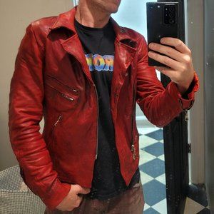 Future of Retro Veg Tanned Scar Stitched Distressed Blood Red Leather Jacket